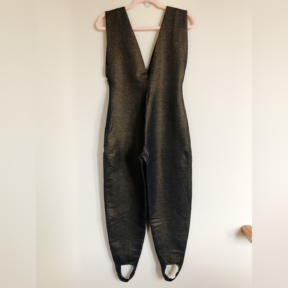 Women's Vintage 80's Roffe Ski Wear Black Gold Metallic Winter Snow Bibs Size 10
